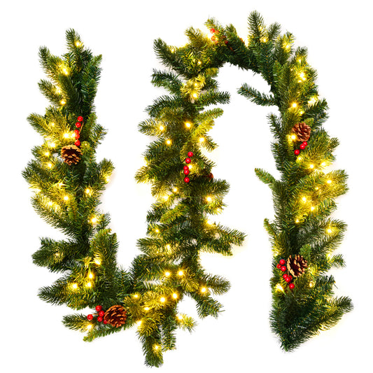 Topbuy 9FT Pre-lit Pine Christmas Garland Artificial Christmas Decoration Rattan with 100 LED Lights