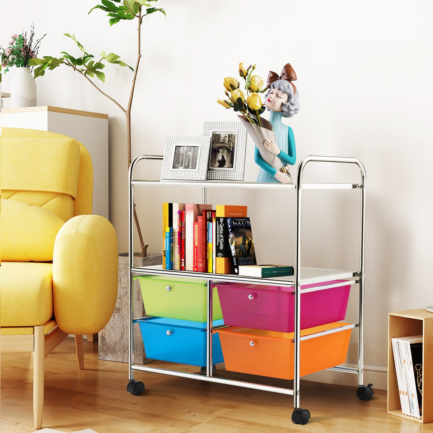 Topbuy 4-Drawer Rolling Storage Cart Metal Rack Organizer Shelf with Wheels Multicolor/Green+Blue/Black/Clear/Yellow+Grey