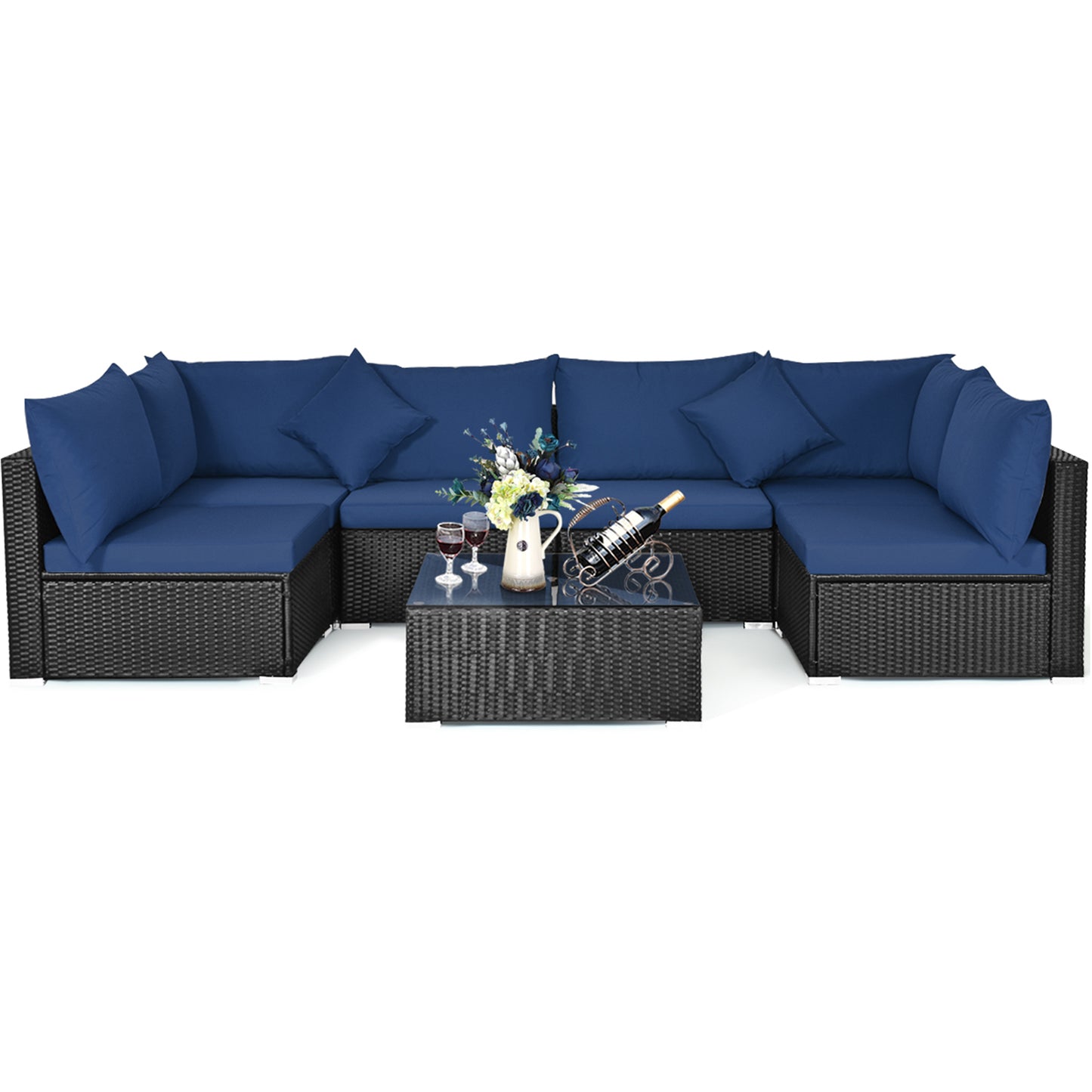 Patiojoy 7-Piece Patio PE Rattan Sectional Sofa Furniture Set Wicker Sofa Conversation Set Navy/Turquoise/Red/Beige