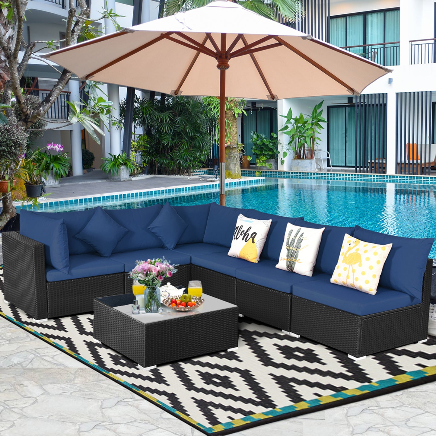 Patiojoy 7-Piece Patio PE Rattan Sectional Sofa Furniture Set Wicker Sofa Conversation Set Navy/Turquoise/Red/Beige