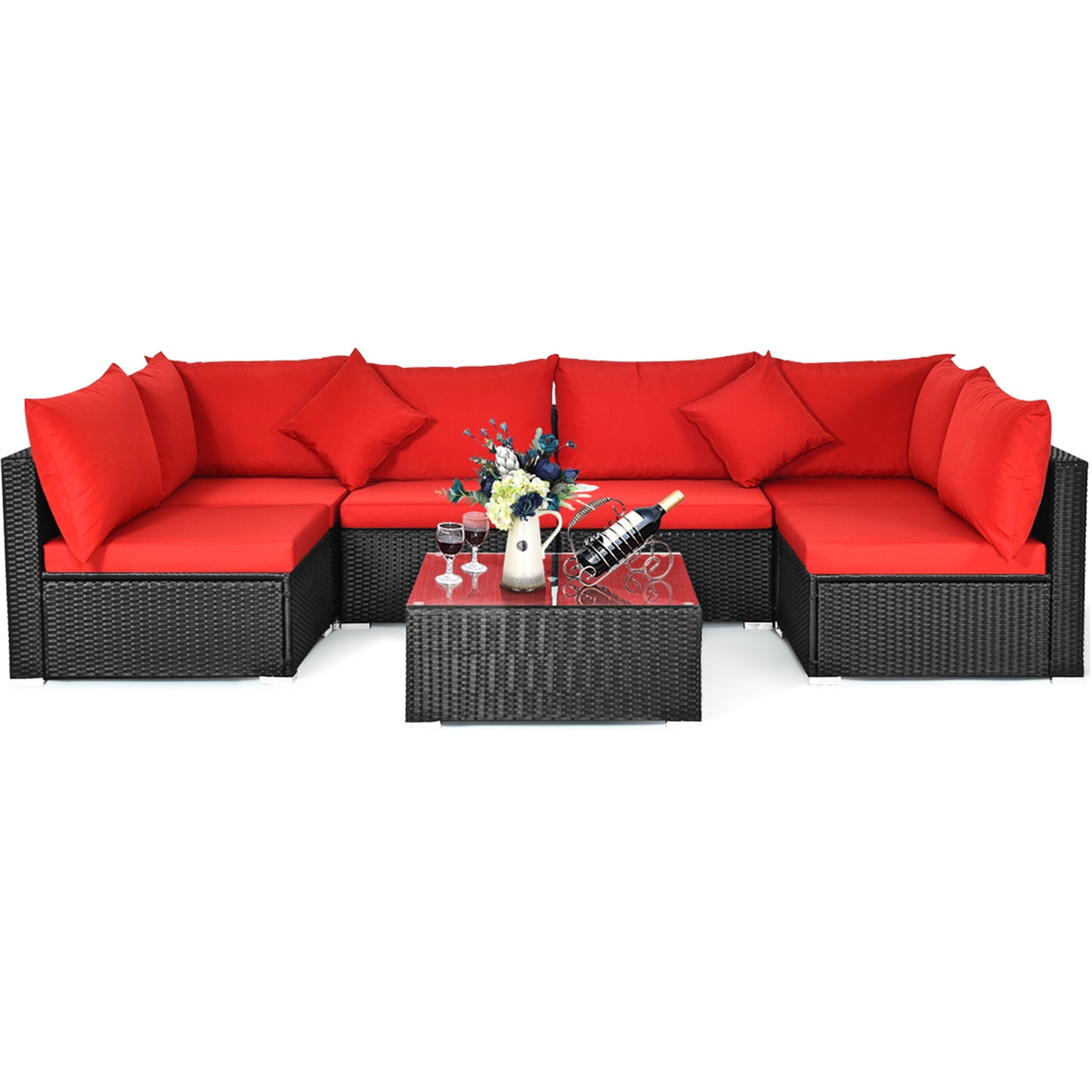 Patiojoy 7-Piece Patio PE Rattan Sectional Sofa Furniture Set Wicker Sofa Conversation Set Navy/Turquoise/Red/Beige