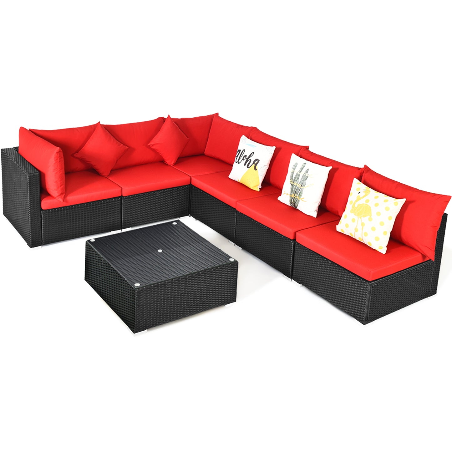 Patiojoy 7-Piece Patio PE Rattan Sectional Sofa Furniture Set Wicker Sofa Conversation Set Navy/Turquoise/Red/Beige