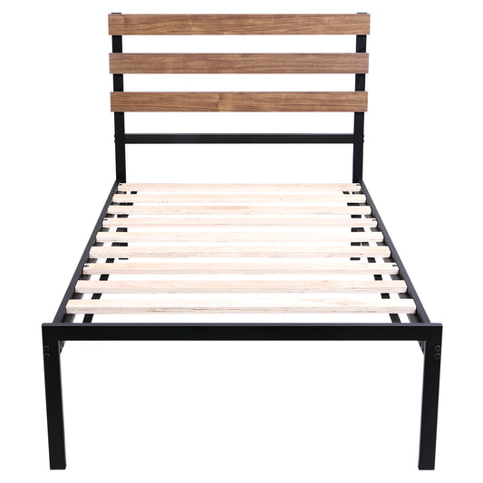 Topbuy Twin Size Upholstered Platform Bed Metal Bed Frame with Wooden Slat & Headboard