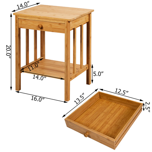 Topbuy 2Pcs 2-Tier Bamboo End Table Multi-functional Nightstand with Drawer & Storage Shelf