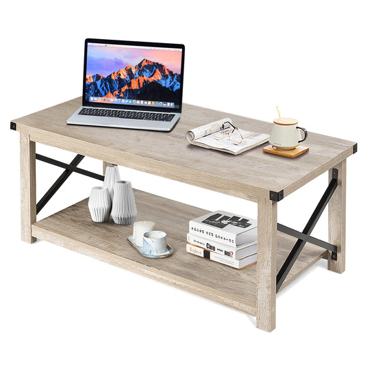 Topbuy 2-Tier Industrial Rectangle Coffee Table Sofa Center Table Storage Shelf