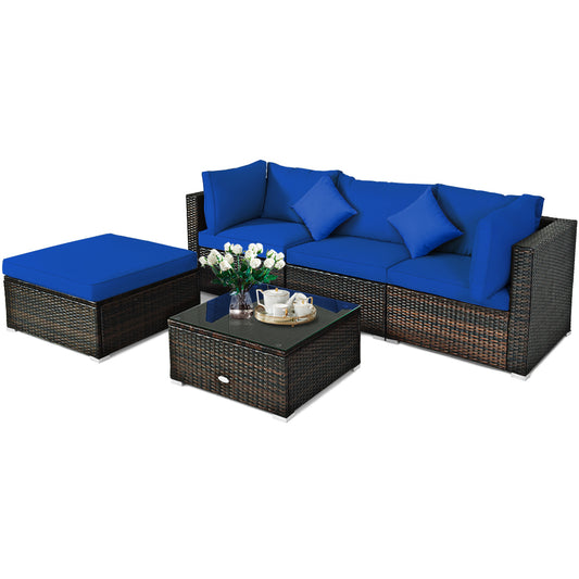 Patiojoy 5-Piece Outdoor Patio Sectional Rattan Wicker Sofa Set w/Cushion Navy/Turquoise/Black/Brown/Red