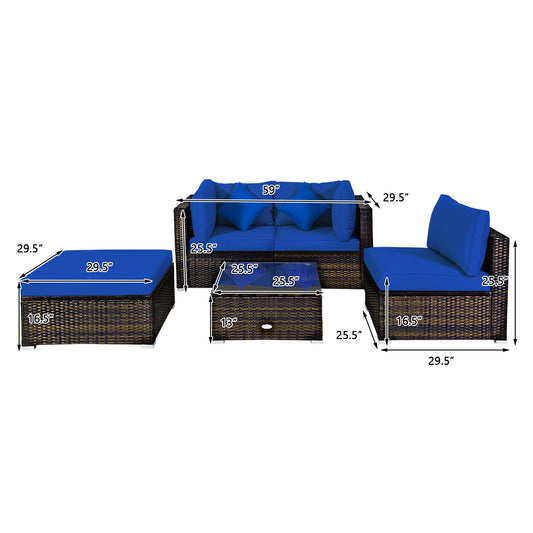 Patiojoy 5-Piece Outdoor Patio Sectional Rattan Wicker Sofa Set w/Cushion Navy/Turquoise/Black/Brown/Red