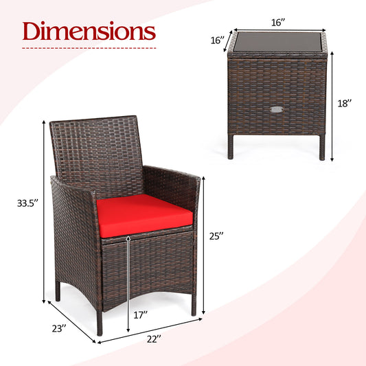 Patiojoy 3 Pieces Patio Rattan Conversation Furniture Wicker Chairs with Coffee Table & Cushions Red/Blue/White