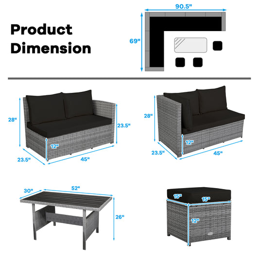 Patiojoy Outdoor Wicker Coversation Set 7 Piece with Black/Red/Turquoise/White/Gray/Navy Cushions