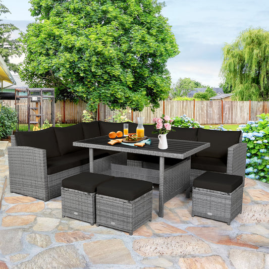 Patiojoy Outdoor Wicker Coversation Set 7 Piece with Black/Red/Turquoise/White/Gray/Navy Cushions