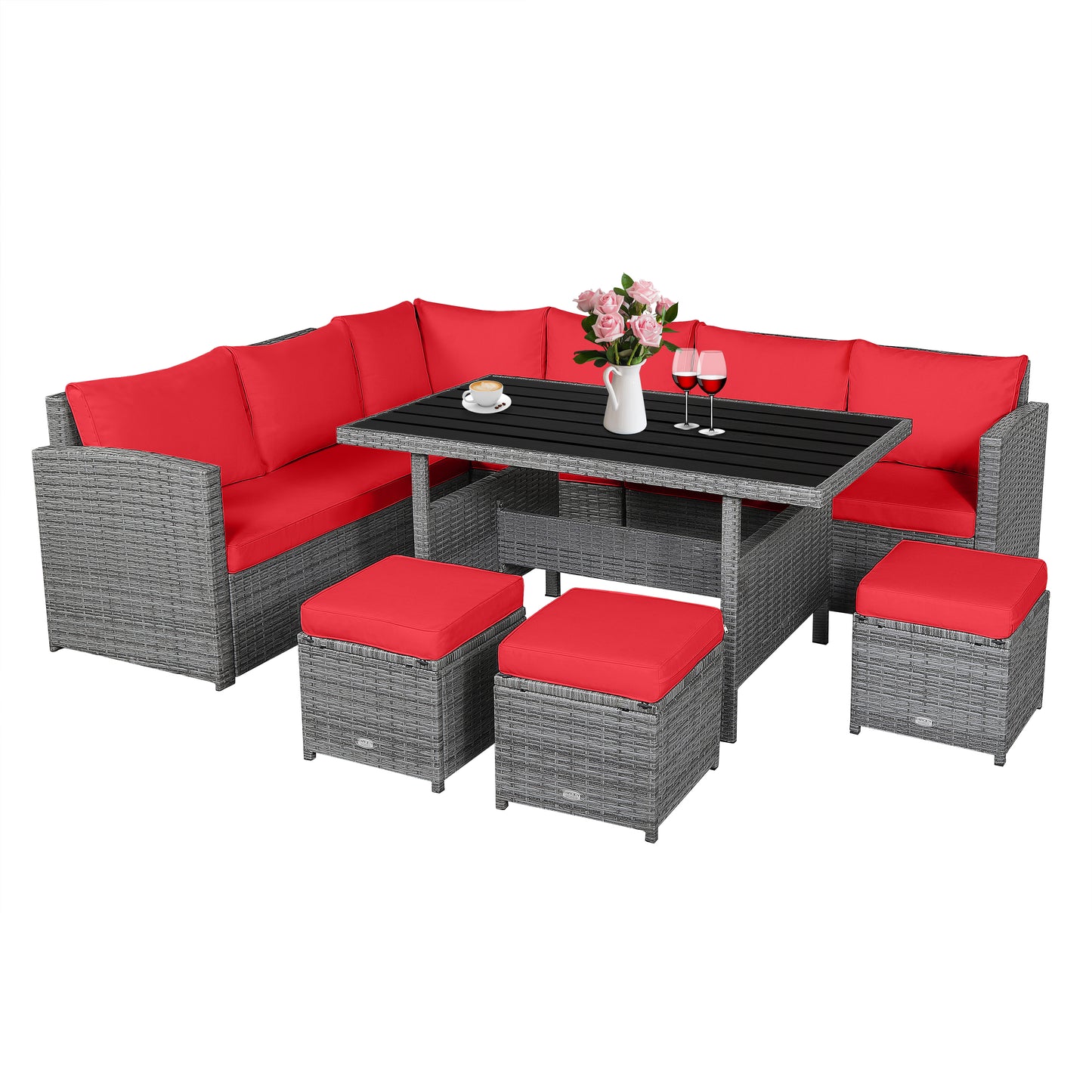 Patiojoy Outdoor Wicker Coversation Set 7 Piece with Black/Red/Turquoise/White/Gray/Navy Cushions