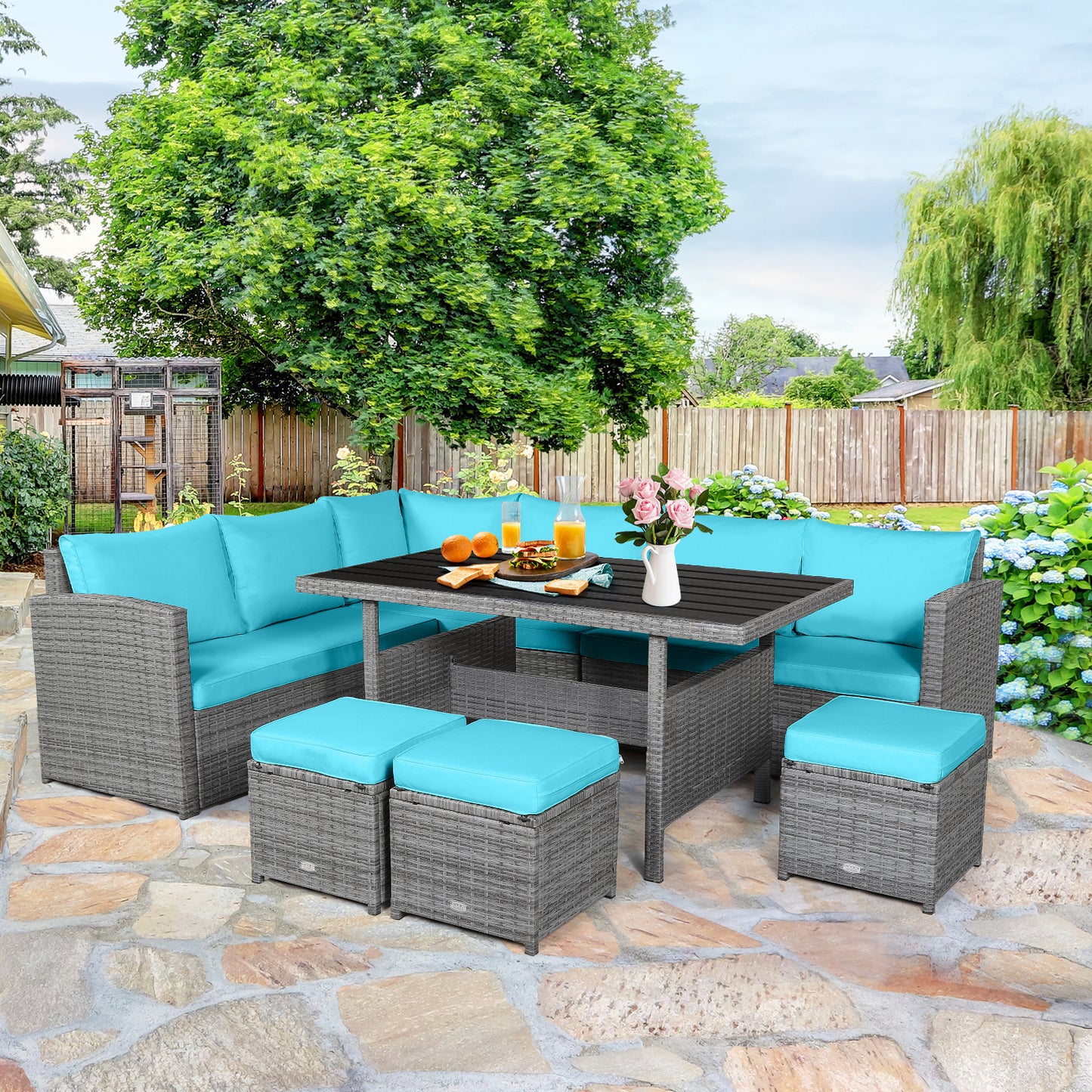 Patiojoy Outdoor Wicker Coversation Set 7 Piece with Black/Red/Turquoise/White/Gray/Navy Cushions