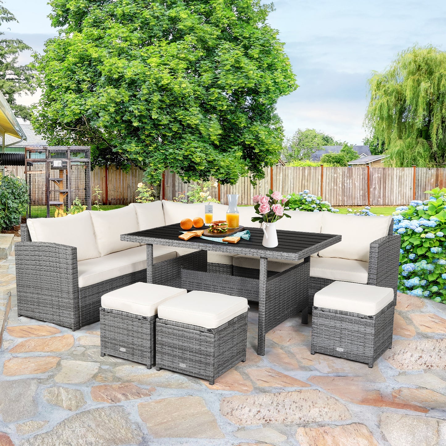 Patiojoy Outdoor Wicker Coversation Set 7 Piece with Black/Red/Turquoise/White/Gray/Navy Cushions