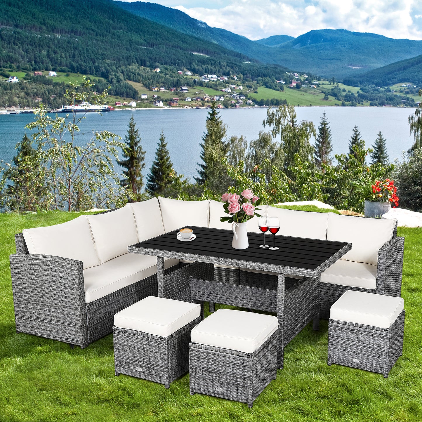 Patiojoy Outdoor Wicker Coversation Set 7 Piece with Black/Red/Turquoise/White/Gray/Navy Cushions