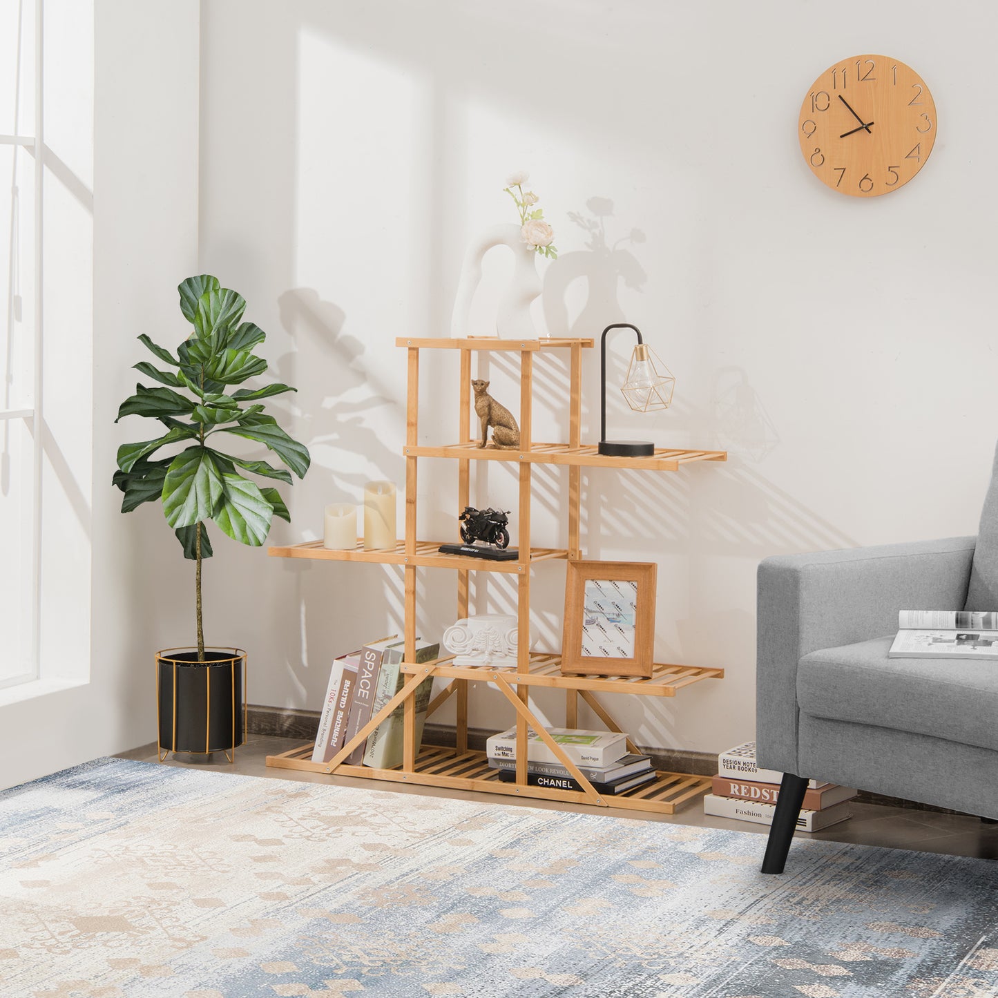 Topbuy 5 Tiers Bamboo Plant Stand for Indoor Plants Multiple Utility Shelf Free Standing Storage Rack Pot Holder Brown/Natural