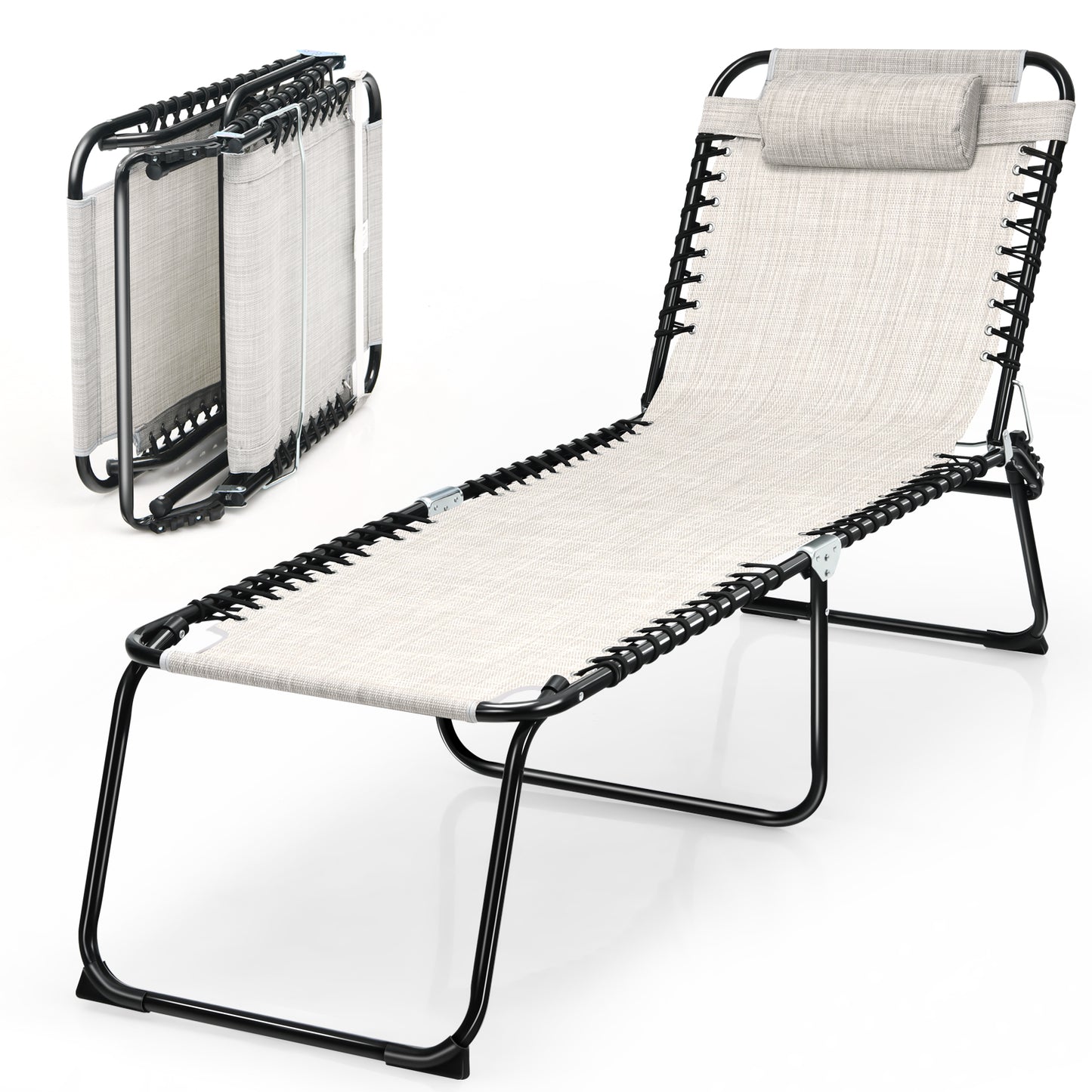 Topbuy Foldable Beach Chaise Lounge Chair with Pillow & Adjustable Pedal Grey/Black