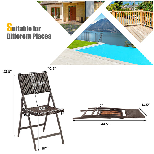 Patiojoy 2 PCS Outdoor Rattan Folding Dining Chairs Patio Wicker Portable Chairs for Balcony Garden Lawn Brown