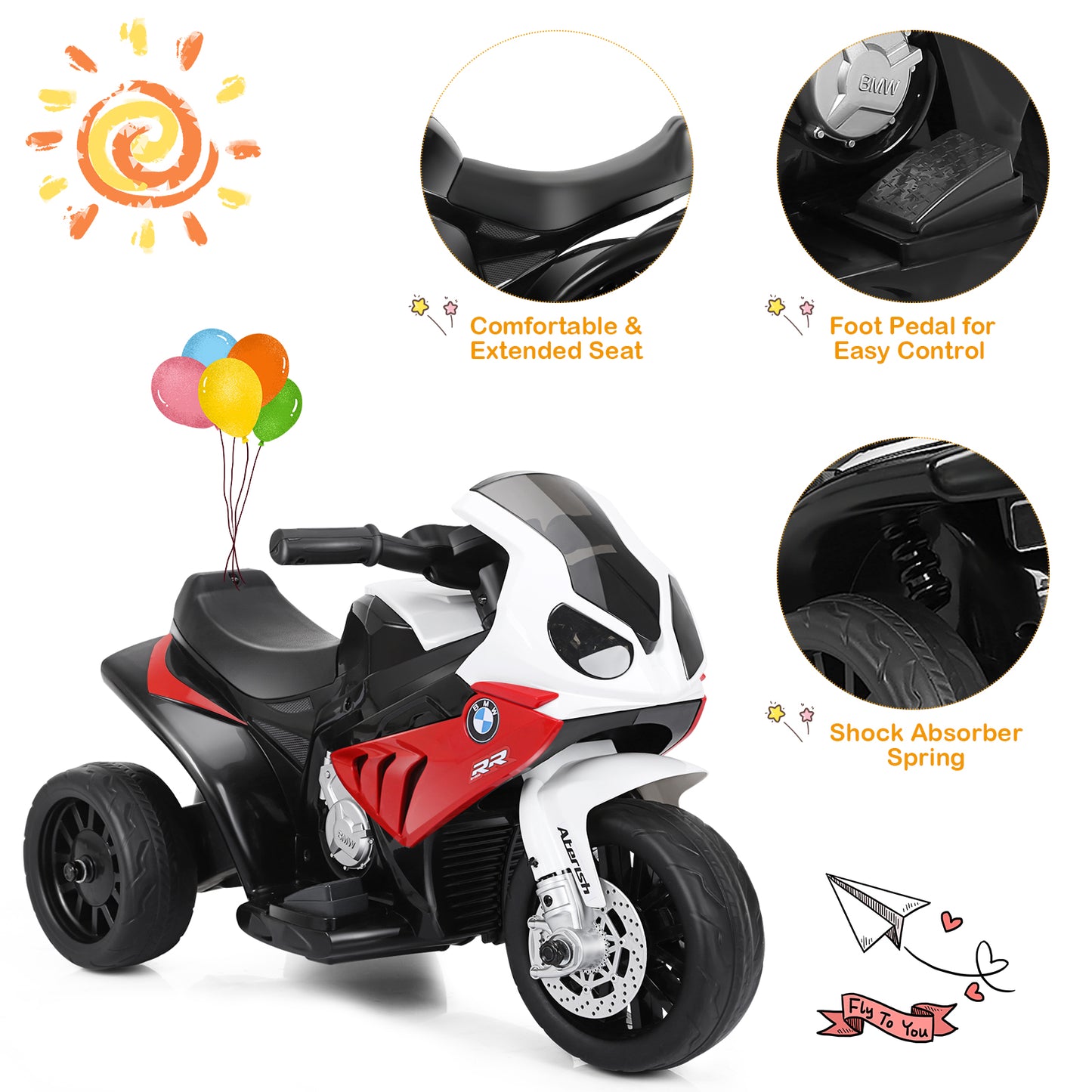 Topbuy 3 Wheels Bicycle 6V Electric Kids Ride On Motorcycle BMW Licensed Car w/ Music&Light Black/Blue/Red