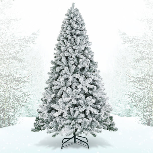 Topbuy 7.5' Hinged Artificial Christmas Tree Unlit w/ Metal Stand Premium Snow Flocked