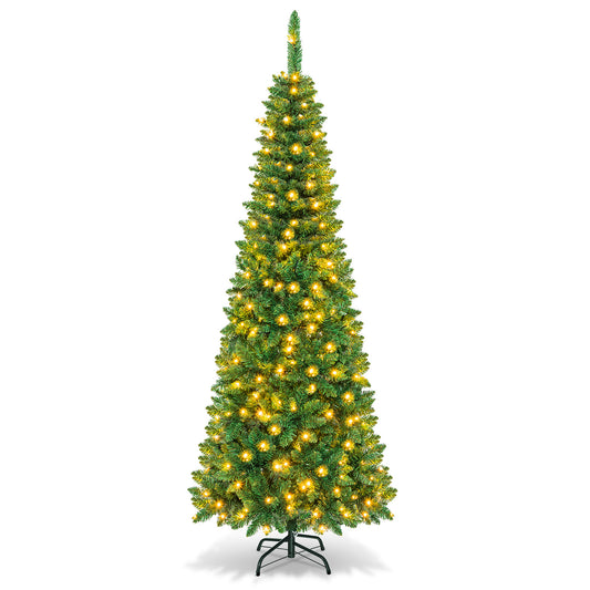 Topbuy 4.5/6.5/7.5ft Pencil Christmas Tree Pre-Lit Hinged Artificial Decoration w/150/250/350 Warm White Lights
