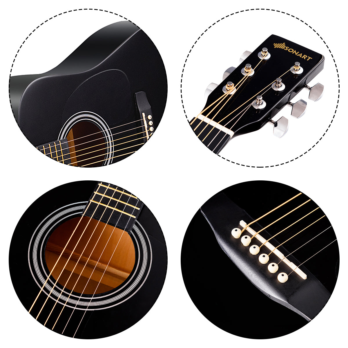 Topbuy 41 inches Acoustic Folk Guitar w/Case Strap Tuner for Beginners Black