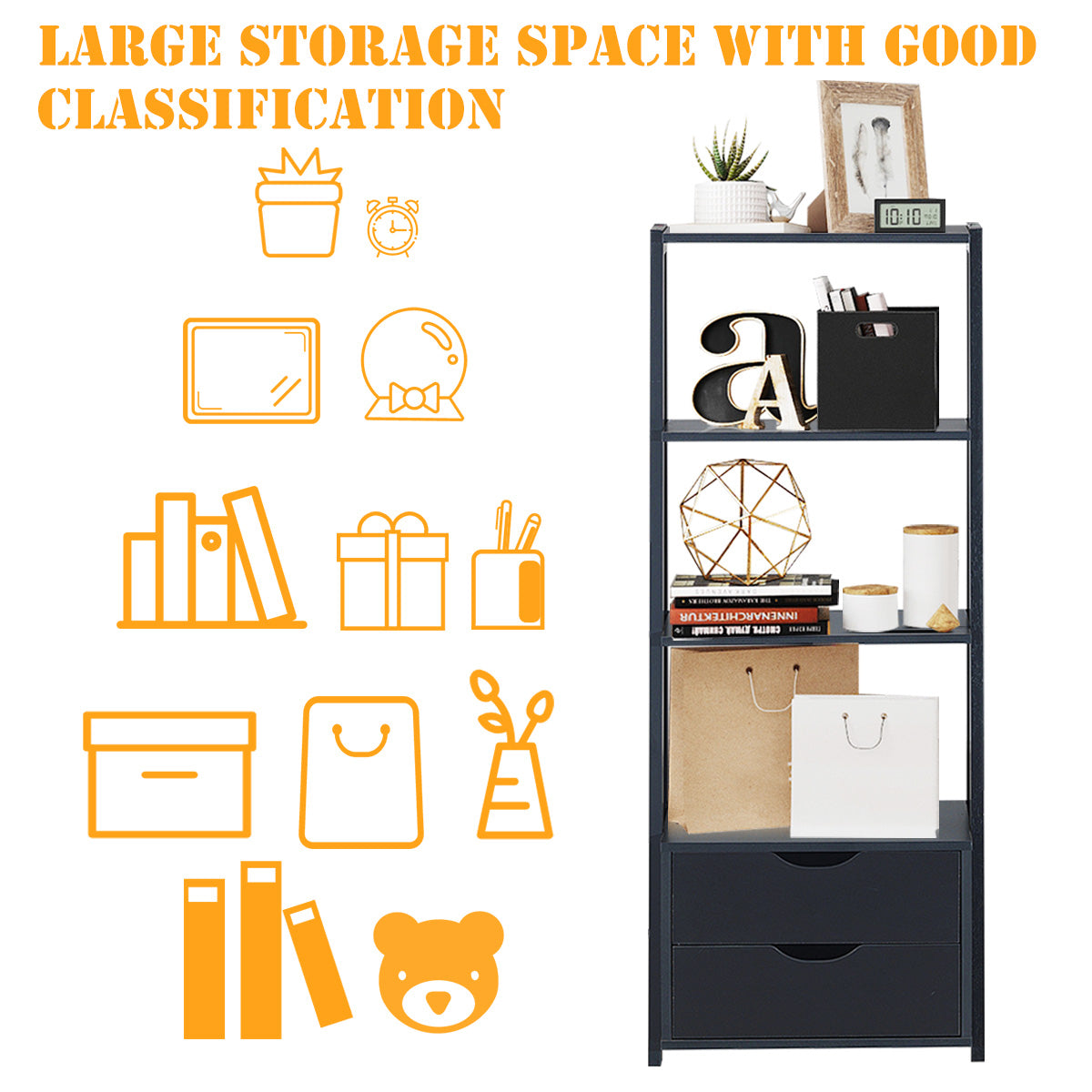 Topbuy 4-Tier Ladder Bookshelf Storage Display Bookcase with 2 Drawers