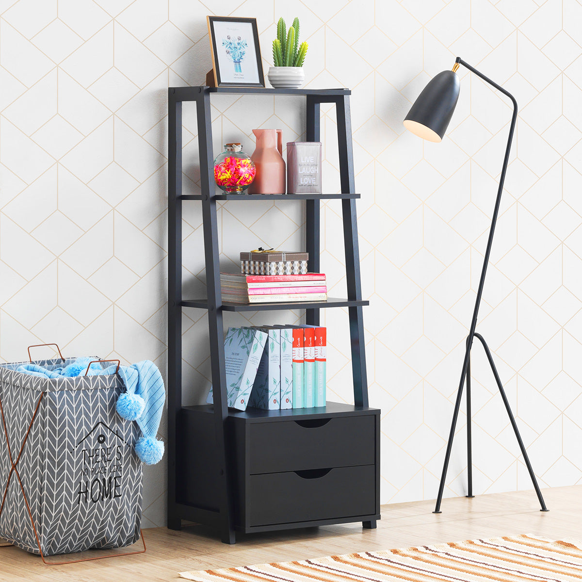 Topbuy 4-Tier Ladder Bookshelf Storage Display Bookcase with 2 Drawers