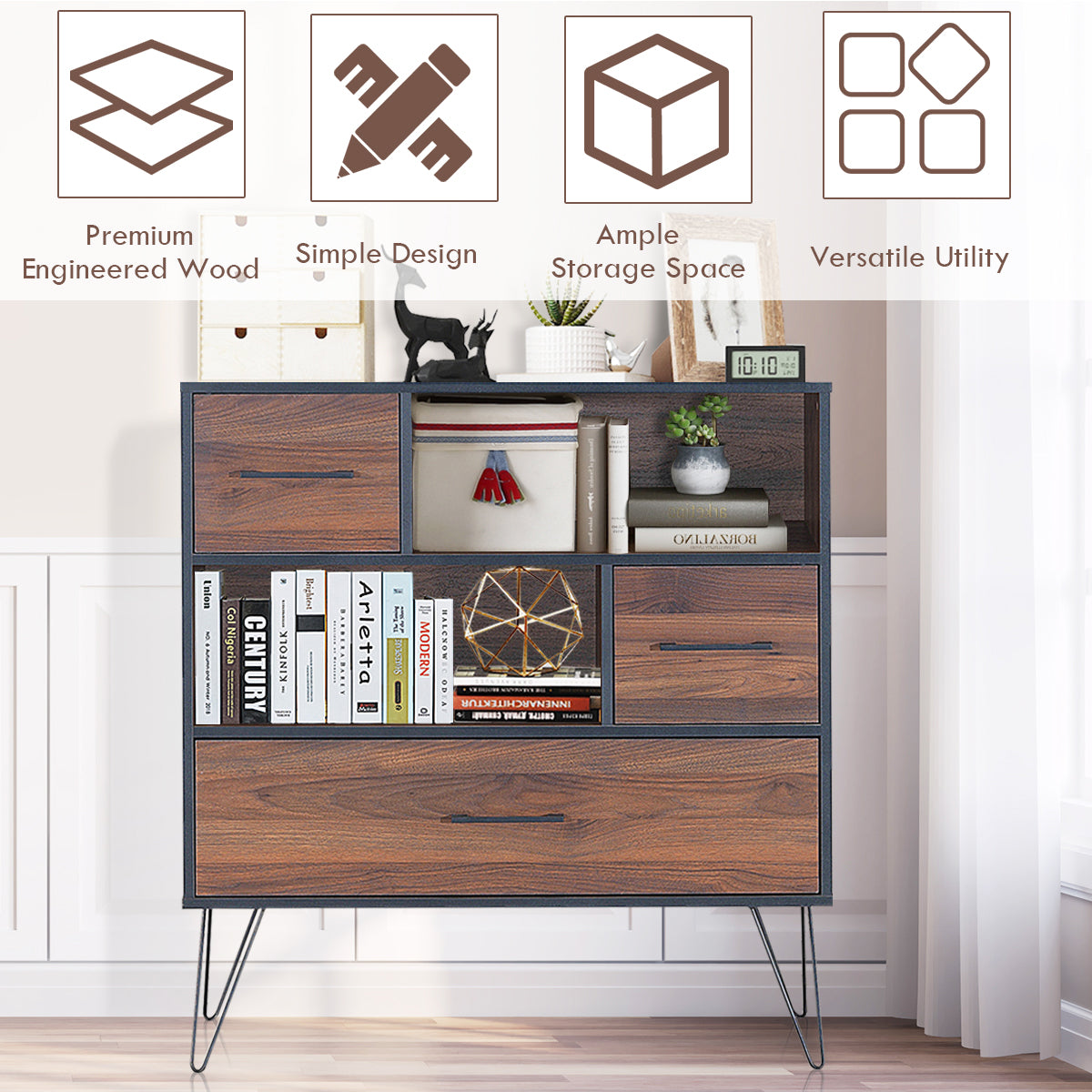 Topbuy Multipurpose Sideboard Storage Cabinet Unit w/Metal Leg &Drawer Walnut