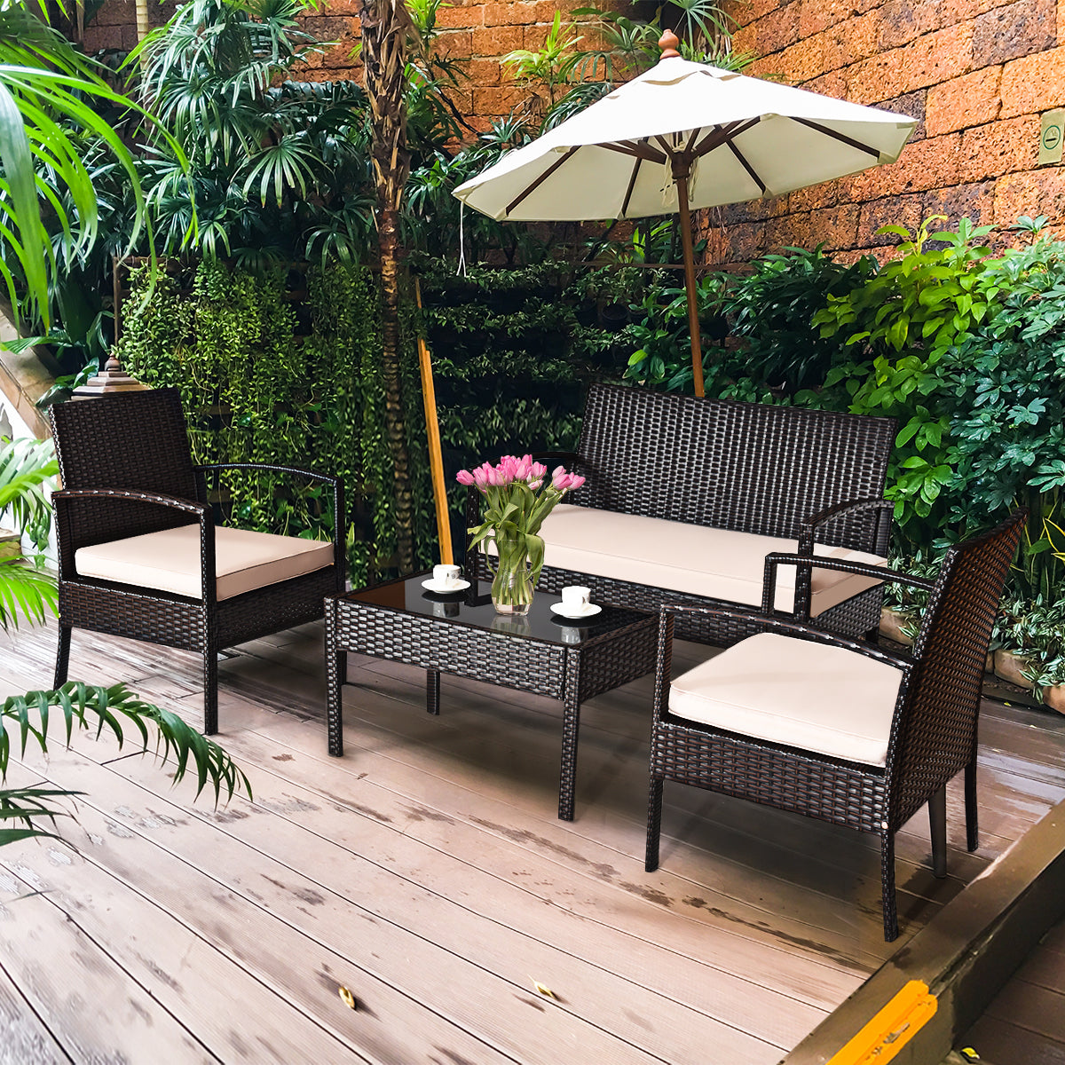 Patiojoy 8PCS Conversation Wicker Set Patio Rattan Table&Cushioned Chair