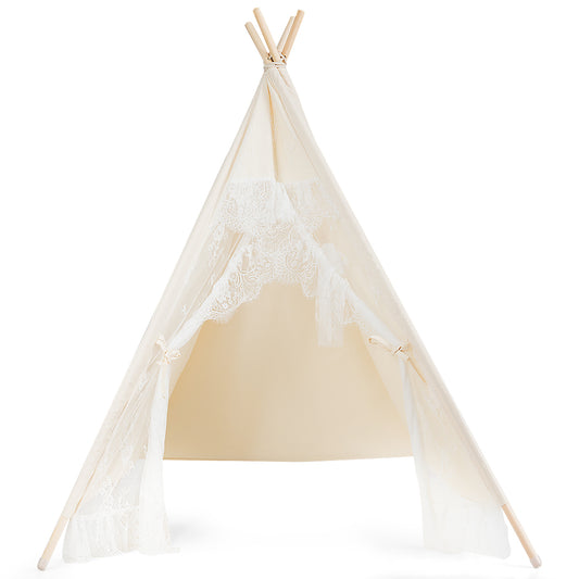 Topbuy Kids Lace Teepee Play Tent Foldable for Indoor & Outdoor Beige