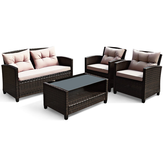 Patiojoy Outdoor Rattan Conversation Set 4 Pieces Patio wicker Chairs