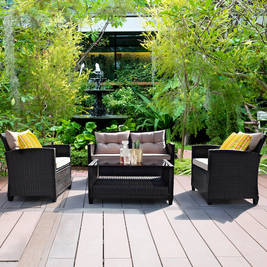 Patiojoy Outdoor Rattan Conversation Set 4 Pieces Patio wicker Chairs