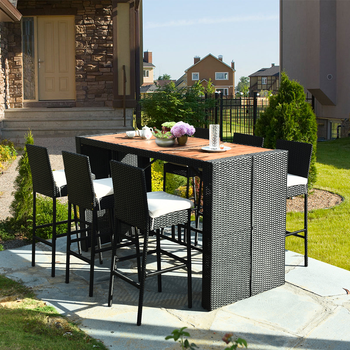 Patiojoy 7 Pieces Outdoor Rattan Wicker Dining Table Set with Cushions
