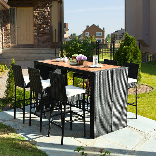 Patiojoy 7 Pieces Outdoor Rattan Wicker Dining Table Set with Cushions