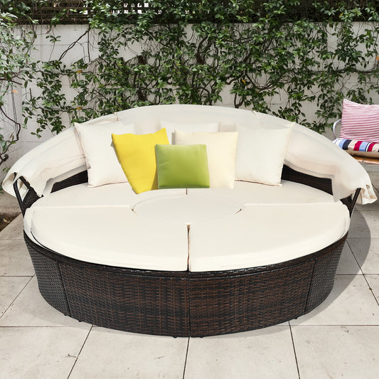 Patiojoy Outdoor Patio Rattan Daybed Wicker Adjustable Cushioned Sofas