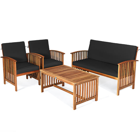 Topbuy 4PCS Patio Acacia Wood Sofa Set Conversation Couch Coffee Table with Cushions Black/Blue