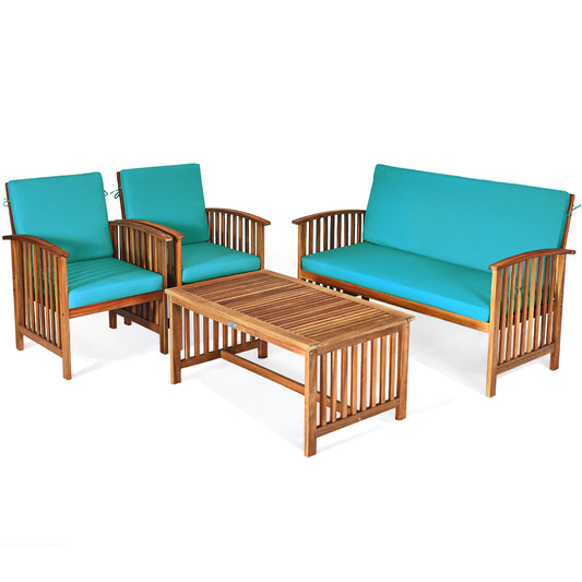 Topbuy 4PCS Patio Acacia Wood Sofa Set Conversation Couch Coffee Table with Cushions Black/Blue