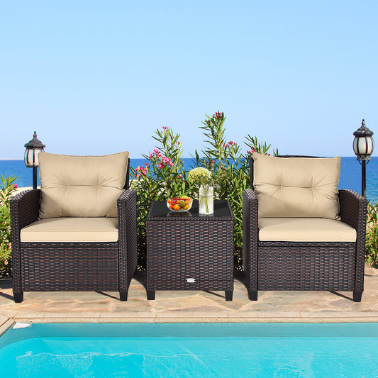 Patiojoy 3PCS Wicker Cushioned Conversation Set Outdoor Rattan Furniture w/Beige/Red/Black/Navy/Off White/Turquoise Cushions
