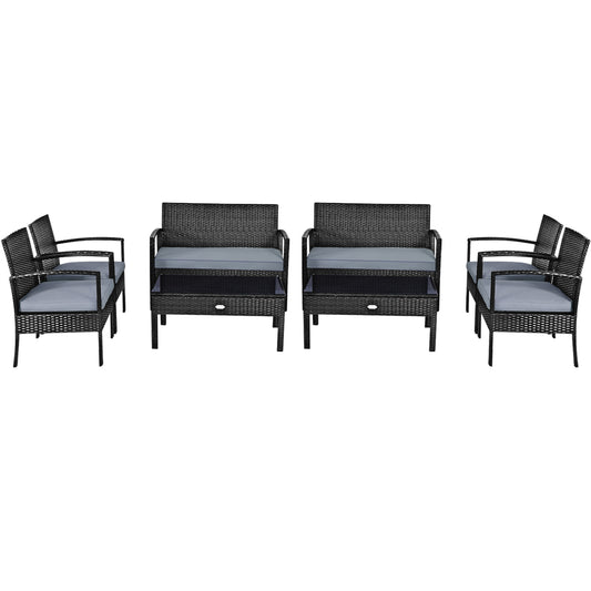 Patiojoy 8PCS Rattan Wicker Outdoor Patio Cushioned Sofa Coffee Table Furniture Set