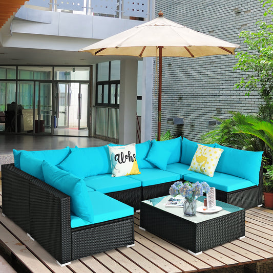 Patiojoy 7-Piece Patio PE Rattan Sectional Sofa Furniture Set Wicker Sofa Conversation Set Navy/Turquoise/Red/Beige