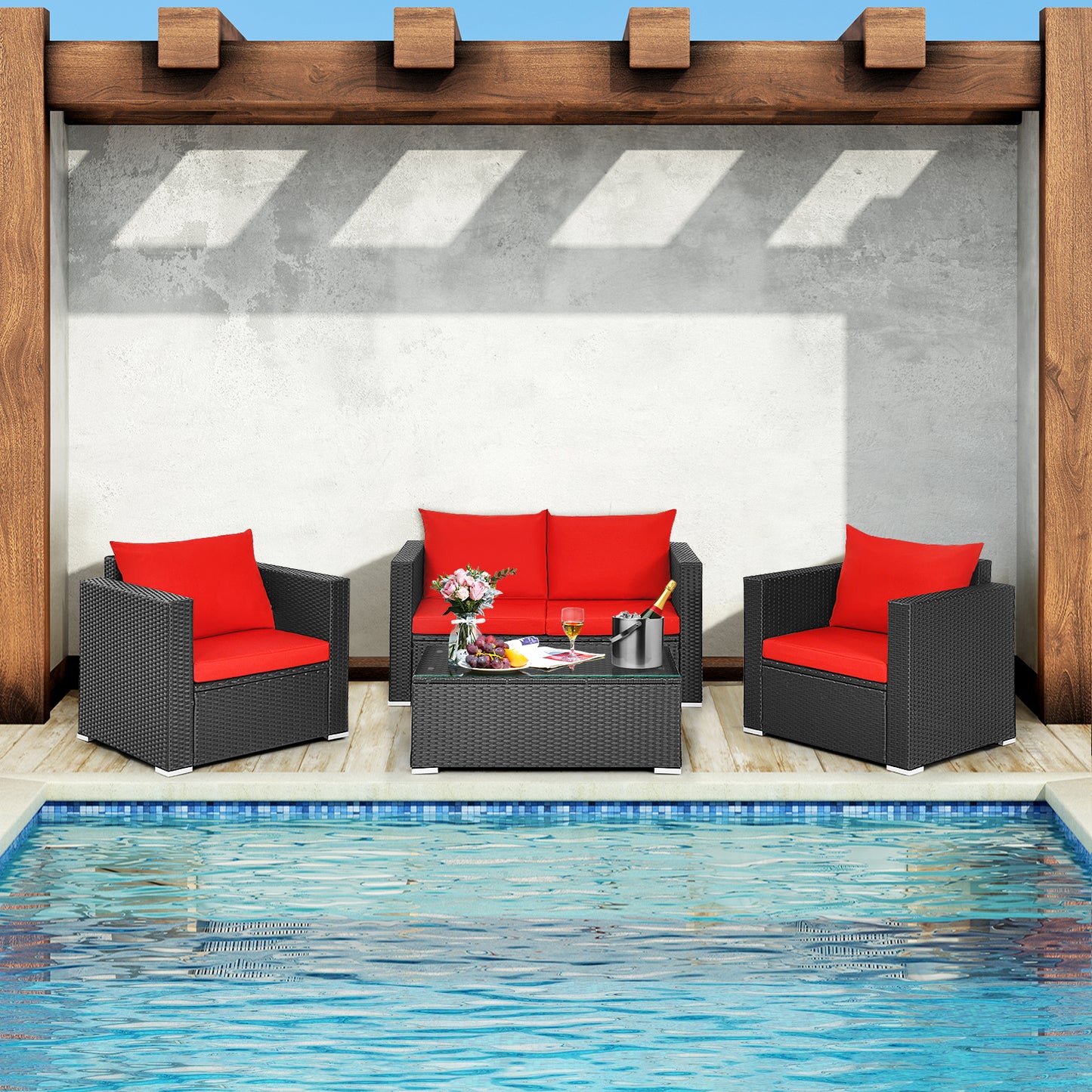 Patiojoy 4PC Patio Rattan Wicker Conversation Furniture Set Sectional Sofa & Coffee Table Turquoise/Red/White/Black