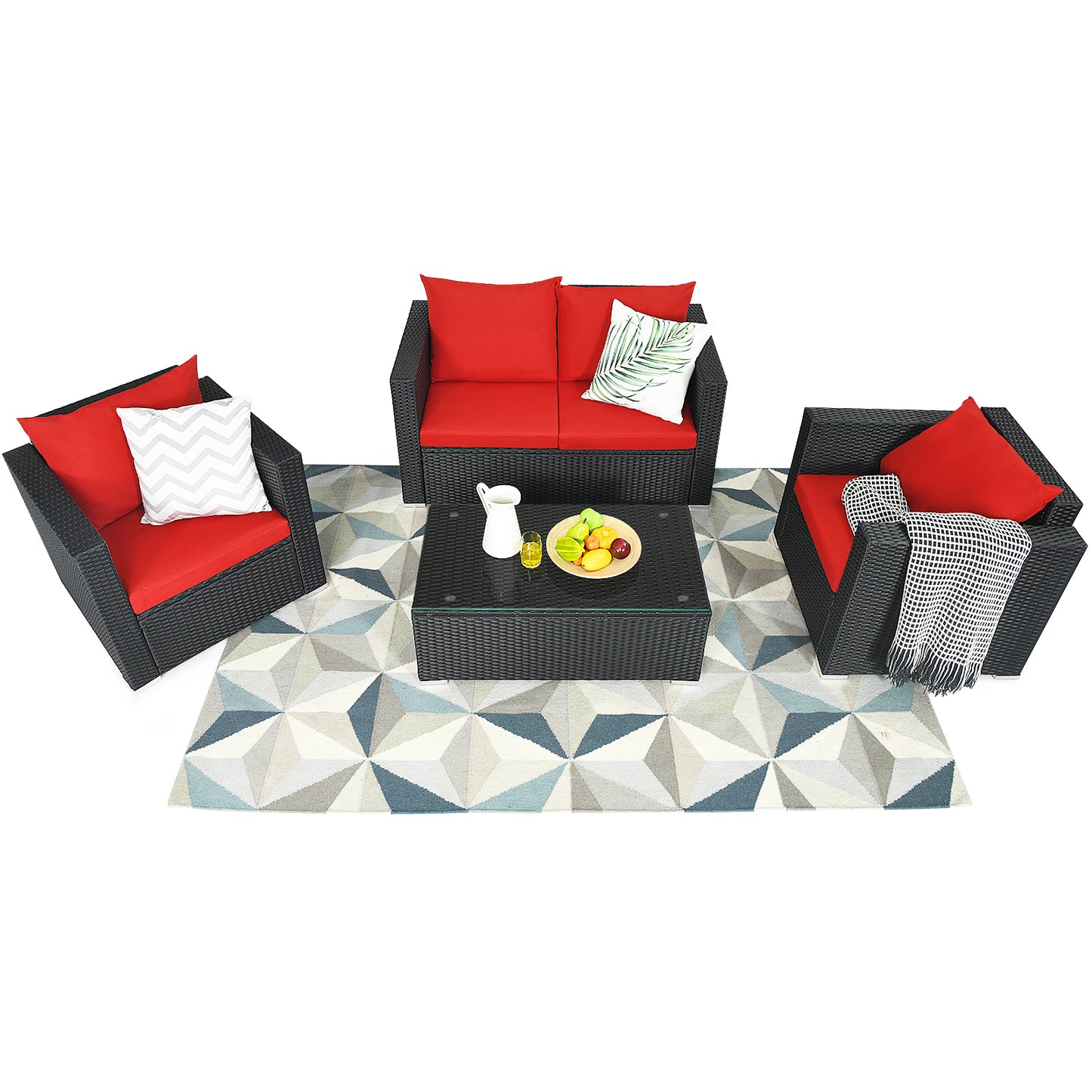 Patiojoy 4PC Patio Rattan Wicker Conversation Furniture Set Sectional Sofa & Coffee Table Turquoise/Red/White/Black