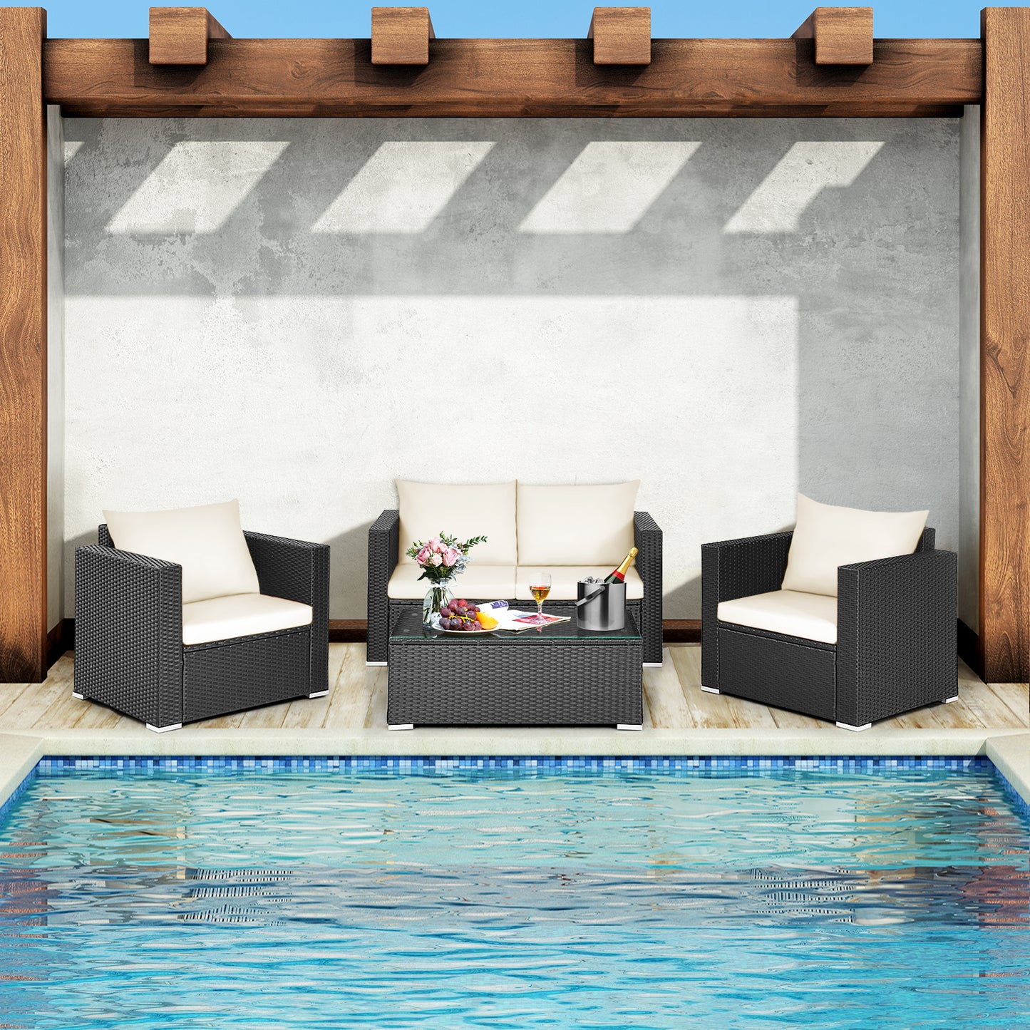 Patiojoy 4PC Patio Rattan Wicker Conversation Furniture Set Sectional Sofa & Coffee Table Turquoise/Red/White/Black