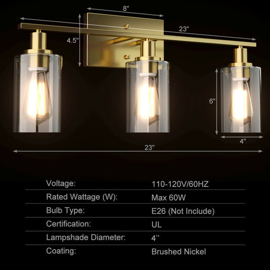 Topbuy Bathroom Vanity Light Modern Wall 3-Light Sconce Fixtures W/ Clear Glass Shade Golden/Silver