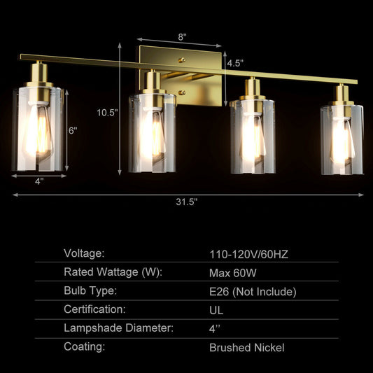 Topbuy Bathroom Vanity Light Modern Wall 4-Light Sconce Fixtures W/ Clear Glass Shade Golden/Silver
