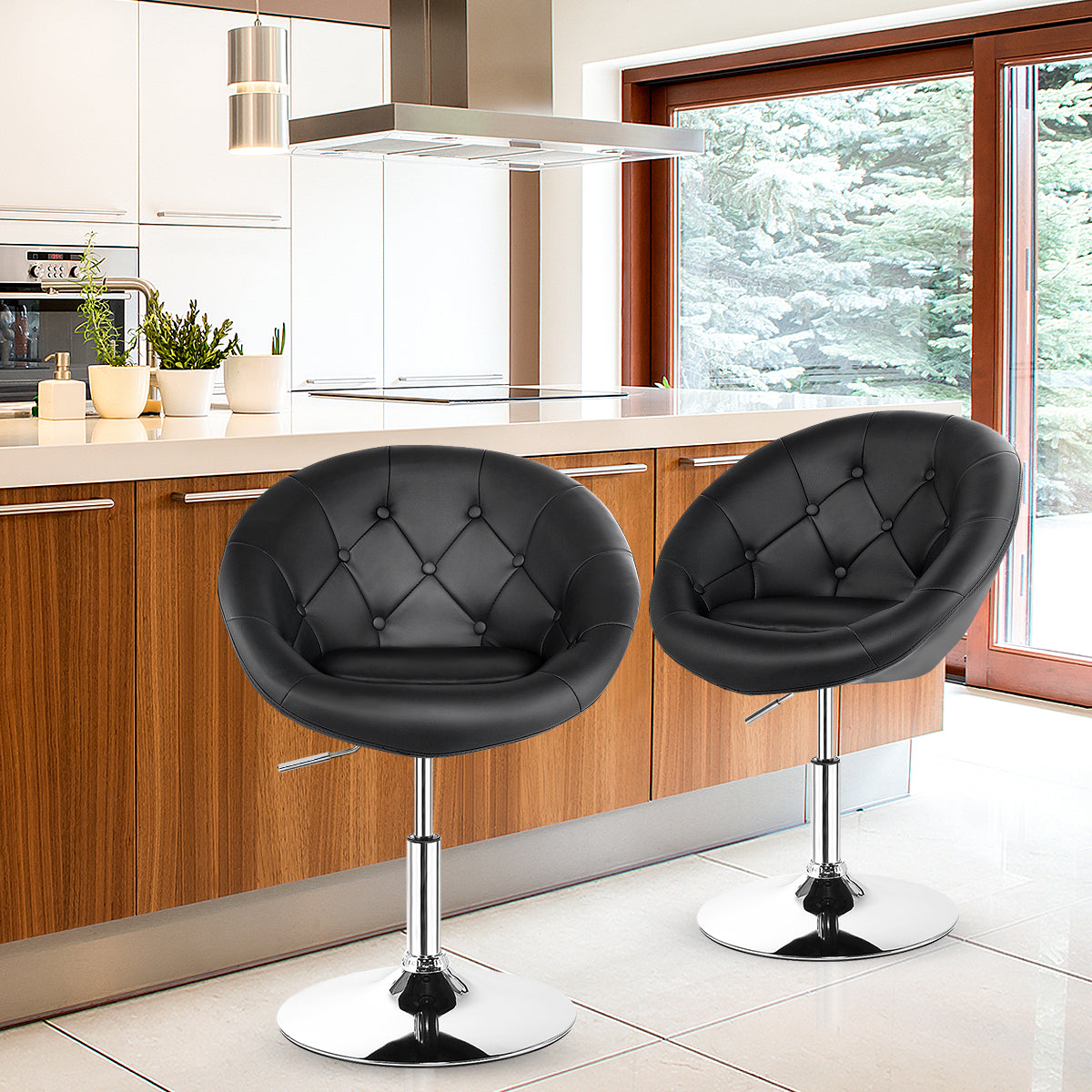 Topbuy Modern Swivel Bar Stools Height Adjustable Round Tufted Back Accent Chair White/Black