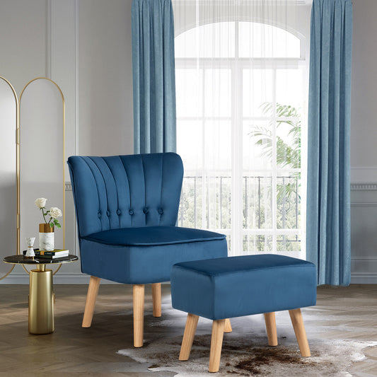 Topbuy Velvet Armless chair & Ottoman Set Leisure Sofa Chair with Footstool Blue/Green/Pink