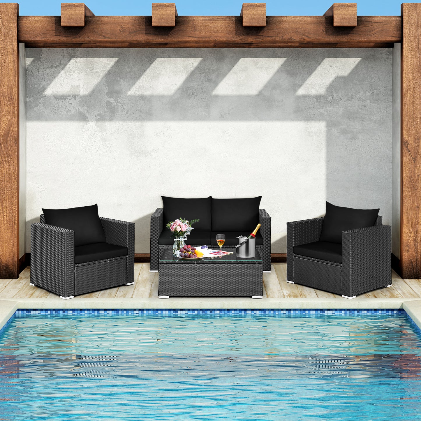 Patiojoy 4PC Patio Rattan Wicker Conversation Furniture Set Sectional Sofa & Coffee Table Turquoise/Red/White/Black
