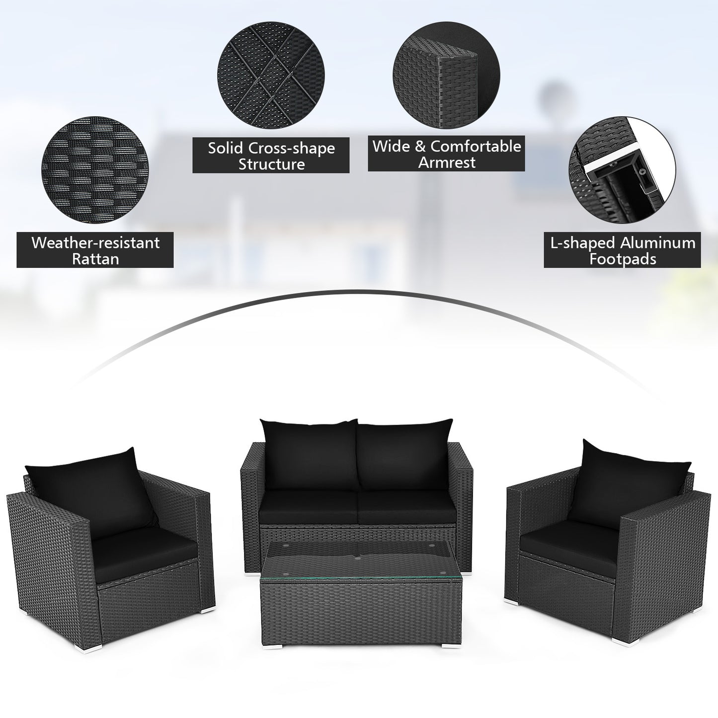 Patiojoy 4PC Patio Rattan Wicker Conversation Furniture Set Sectional Sofa & Coffee Table Turquoise/Red/White/Black