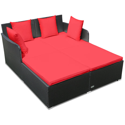 Patiojoy Patio Rattan Daybed with 4 Pillows Cushioned Sofa for Outdoor Beige/Turquoise/Red/Grey/Navy